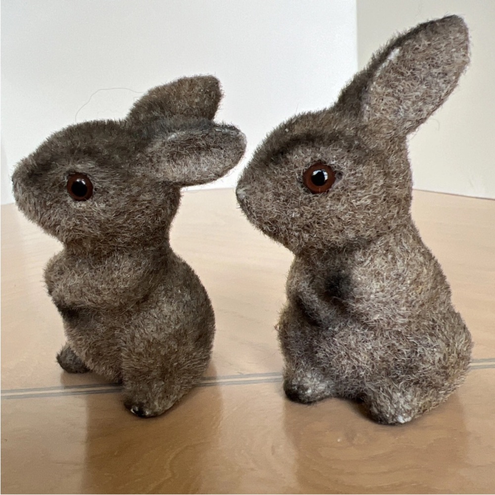 Vintage Japan flocked Bunny Rabbits small figurines